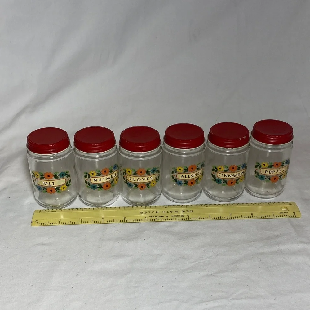 Vintage Set of 6 Glass Spice Jars with Red Metal Lids